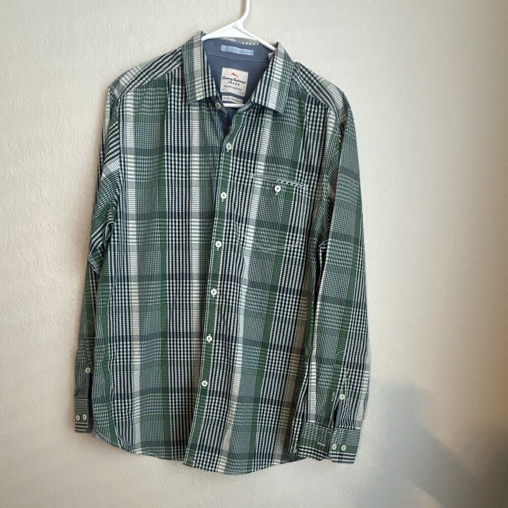 Tommy Bahama Jeans Men’s L Green Blue White Plaid Cotton Woven Pocket Shirt